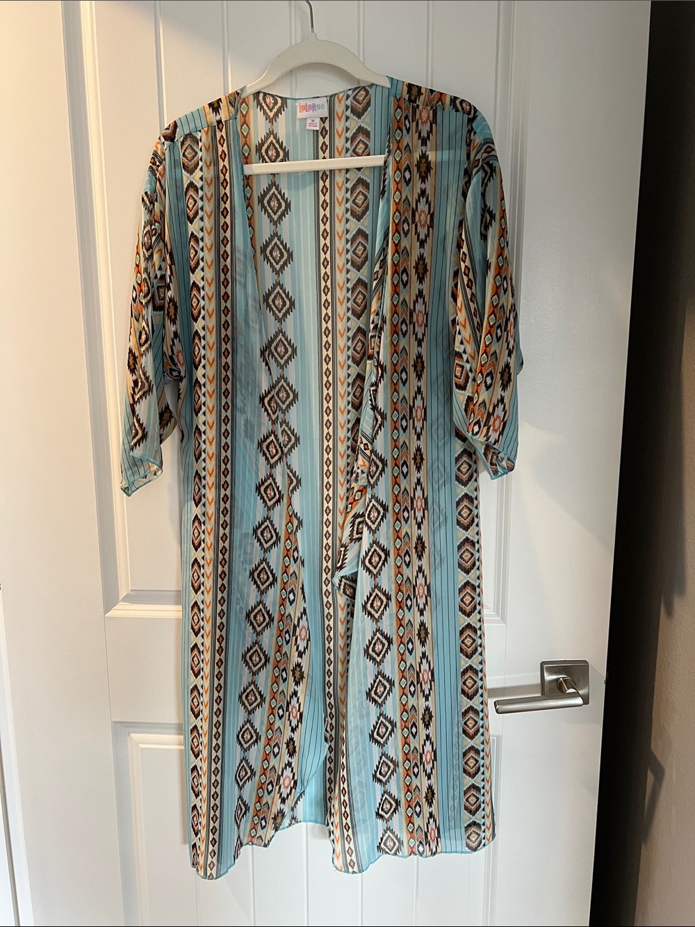 LuLaRoe Aqua and Orange Aztec Stripe Duster